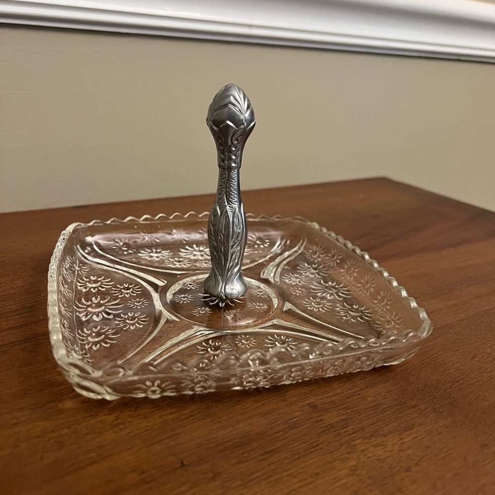 Vintage Clear Glass with Daisies Dessert Serving Tray with Silver Handle